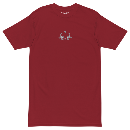 Mockup image of the Toxic Relationship t-shirt in brick red color