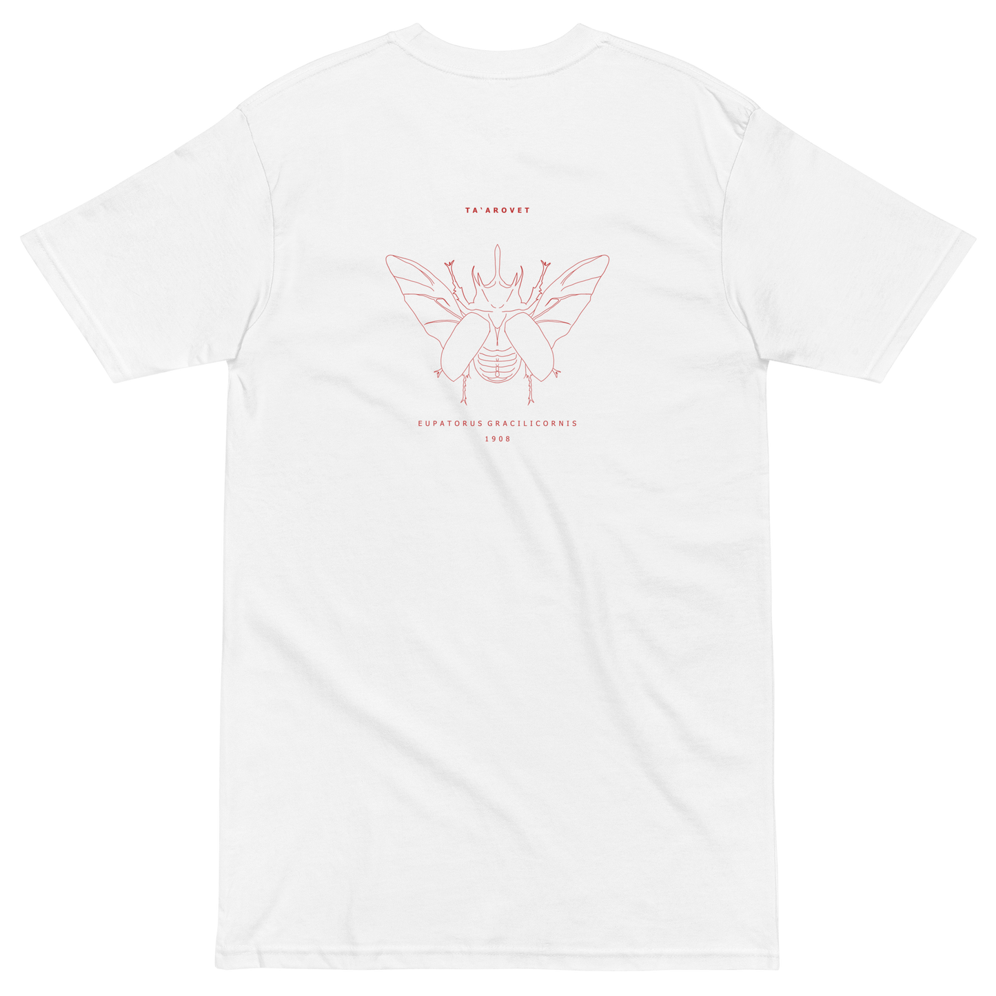 Mockup image of the back print on the Eupatorus Gracilicornis t-shirt